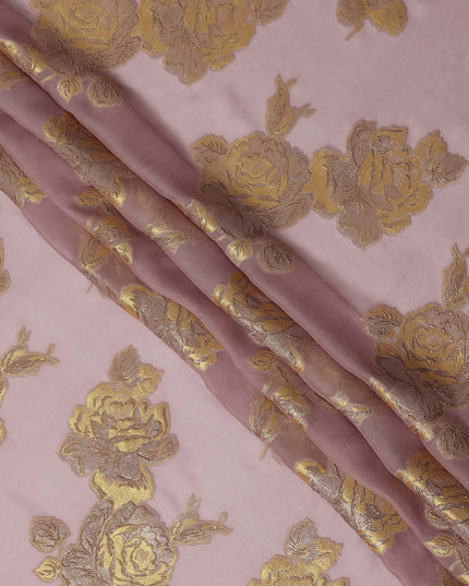 Pink Gold Floral Pure Silk Chiffon Fabric with Metallic Lurex, 110 Cms Width, South Korea-D25257