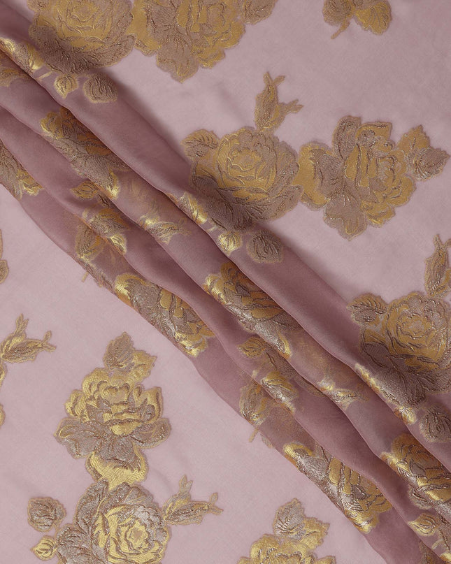 Pink Gold Floral Pure Silk Chiffon Fabric with Metallic Lurex, 110 Cms Width, South Korea-D25257