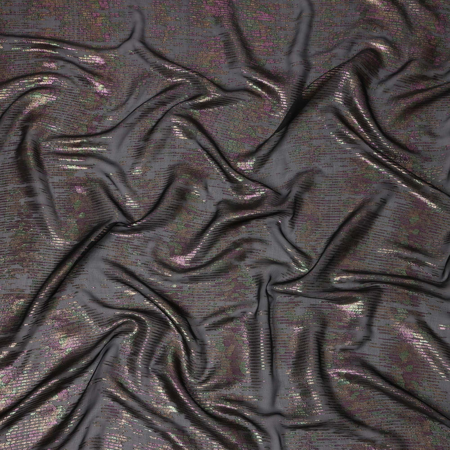 Black Iridescent Pattern Pure Silk Chiffon Fabric with Metallic Lurex, 110 Cms Width, South Korea-D25258