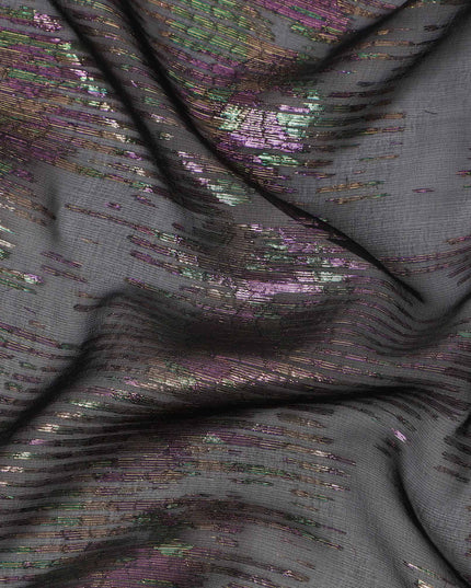 Black Iridescent Pattern Pure Silk Chiffon Fabric with Metallic Lurex, 110 Cms Width, South Korea-D25258