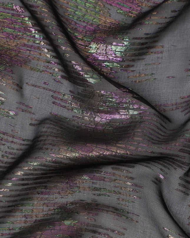 Black Iridescent Pattern Pure Silk Chiffon Fabric with Metallic Lurex, 110 Cms Width, South Korea-D25258