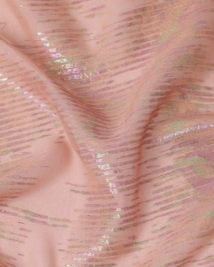 Peach Shimmer Striped Pure Silk Chiffon Fabric with Metallic Lurex, 110 Cms Width, South Korea-D25253