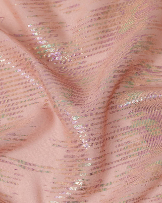 Peach Shimmer Striped Pure Silk Chiffon Fabric with Metallic Lurex, 110 Cms Width, South Korea-D25253