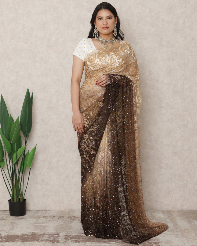 Beige to Dark Brown Ombre Premium French Chantilly Lace Saree with Stone Work, 5.5 Mtrs Length, 110 Cms Width, Made in France-D24414