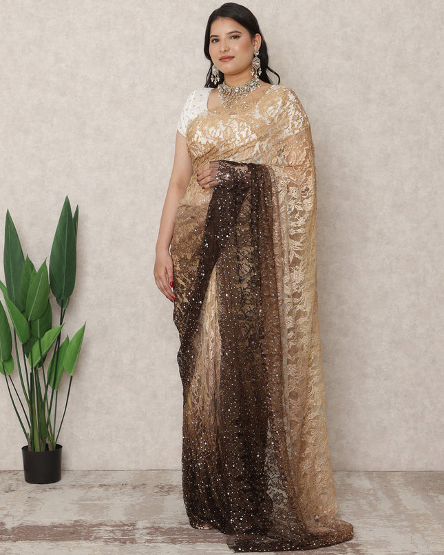 Beige to Dark Brown Ombre Premium French Chantilly Lace Saree with Stone Work, 5.5 Mtrs Length, 110 Cms Width, Made in France-D24414