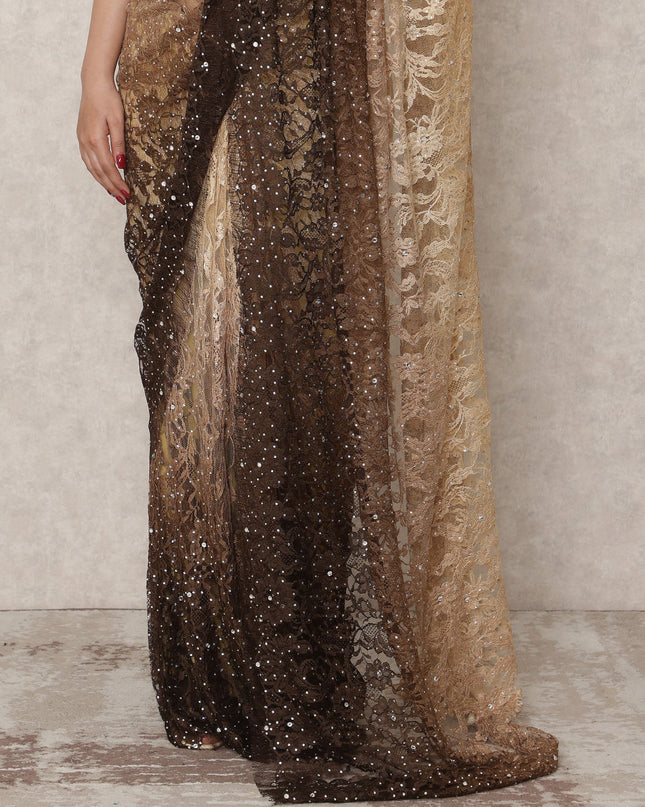 Beige to Dark Brown Ombre Premium French Chantilly Lace Saree with Stone Work, 5.5 Mtrs Length, 110 Cms Width, Made in France-D24414