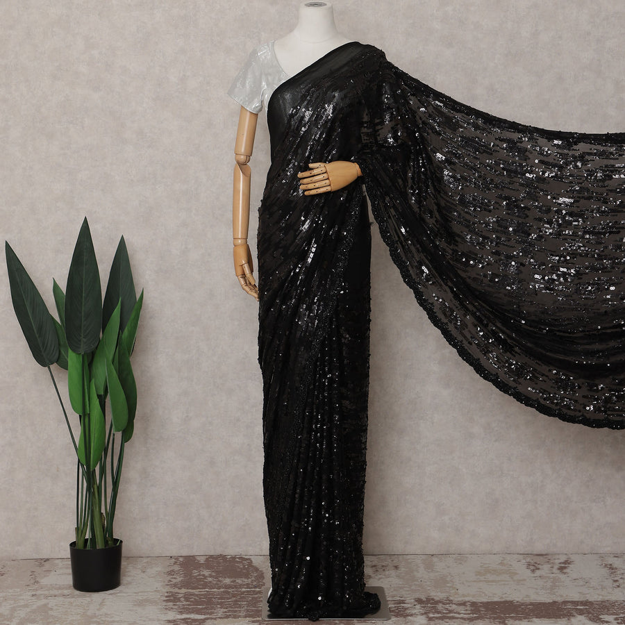 Onyx Black Sequin Silk Chiffon Saree Piece India