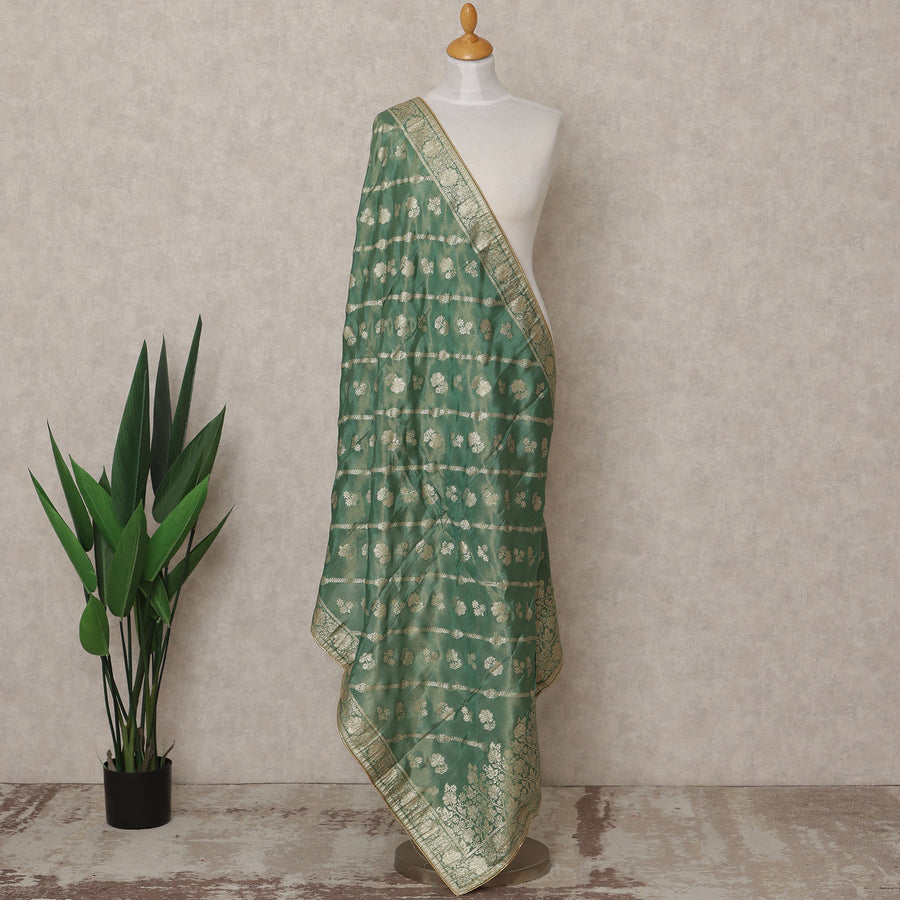 Sage Green Floral Zari Buta Weave Tussar Silk Dupatta, 225X85 Cms, Made in India-D25799