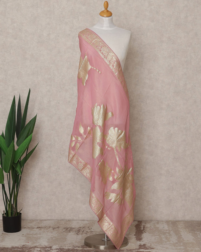 Blush Pink Handcrafted Zari Floral Weave Premium Cotton Dupatta, 225X85 Cms, Made in India-D25795