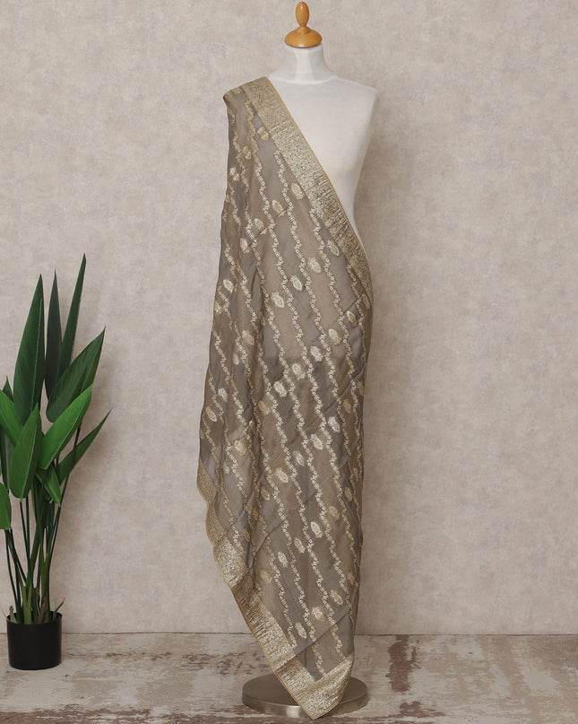 Taupe Gold Striped Zari Weave Tussar Silk Dupatta, 225X85 Cms, Made in India-D25798
