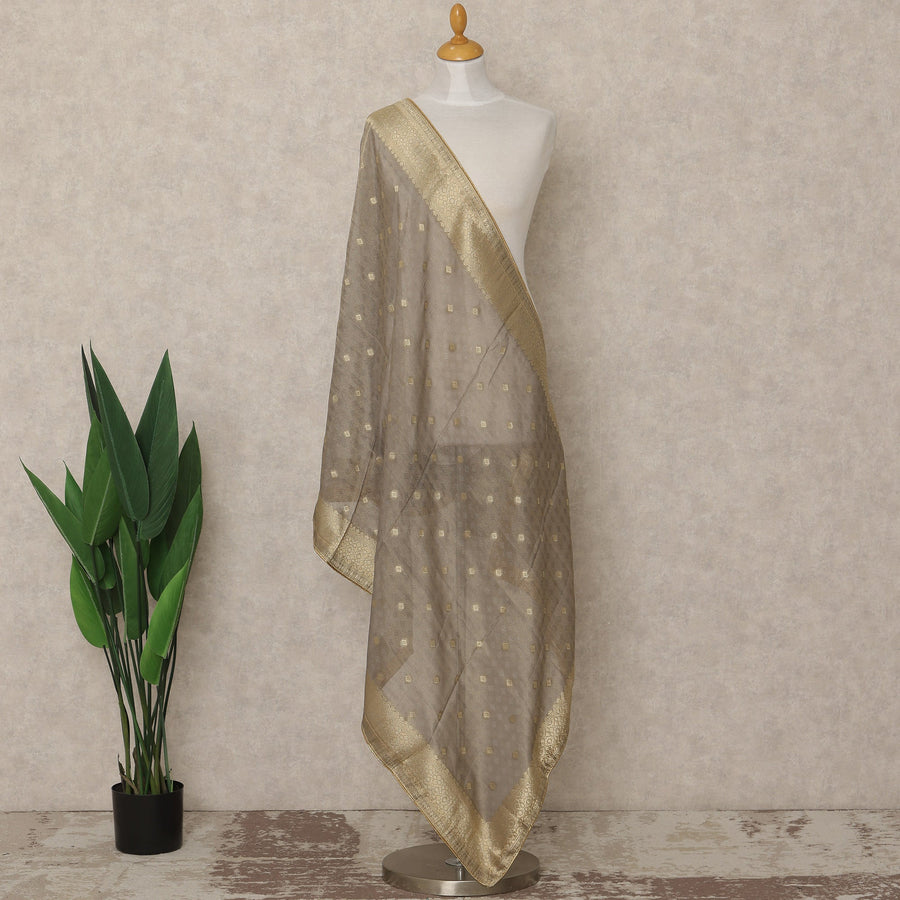 Taupe Grey Premium Synthetic Brocade Dupatta with Gold Woven Motifs, 225X80 CMS Width, India-D26931 - Regal Fabrics