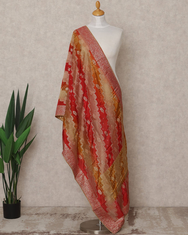 Rust Red and Mustard Gold Striped Zari Weave Tussar Silk Dupatta, 225X85 Cms, Made in India-D25796