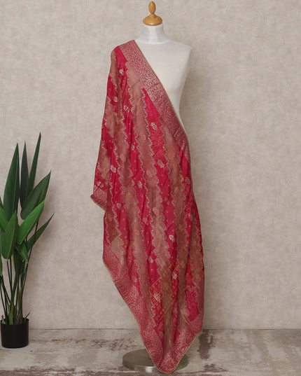 Crimson Red Striped Zari Floral Weave Cotton Dupatta, 225X85 Cms, Made in India-D25797