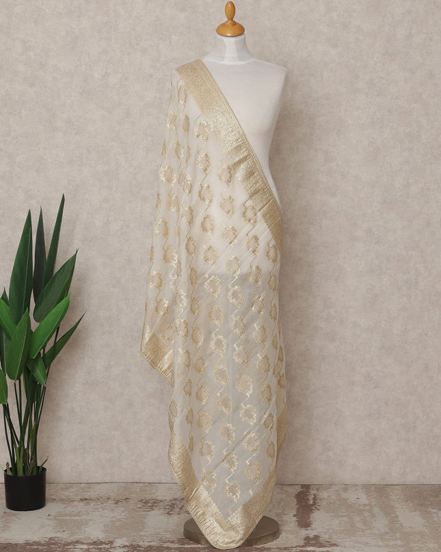 Ivory Gold Leaf Zari Weave Tussar Silk Dupatta, 225X85 Cms, Made in India-D25802