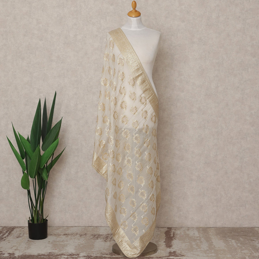 Ivory Gold Leaf Zari Weave Tussar Silk Dupatta, 225X85 Cms, Made in India-D25802
