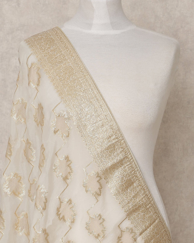 Ivory Gold Leaf Zari Weave Tussar Silk Dupatta, 225X85 Cms, Made in India-D25802