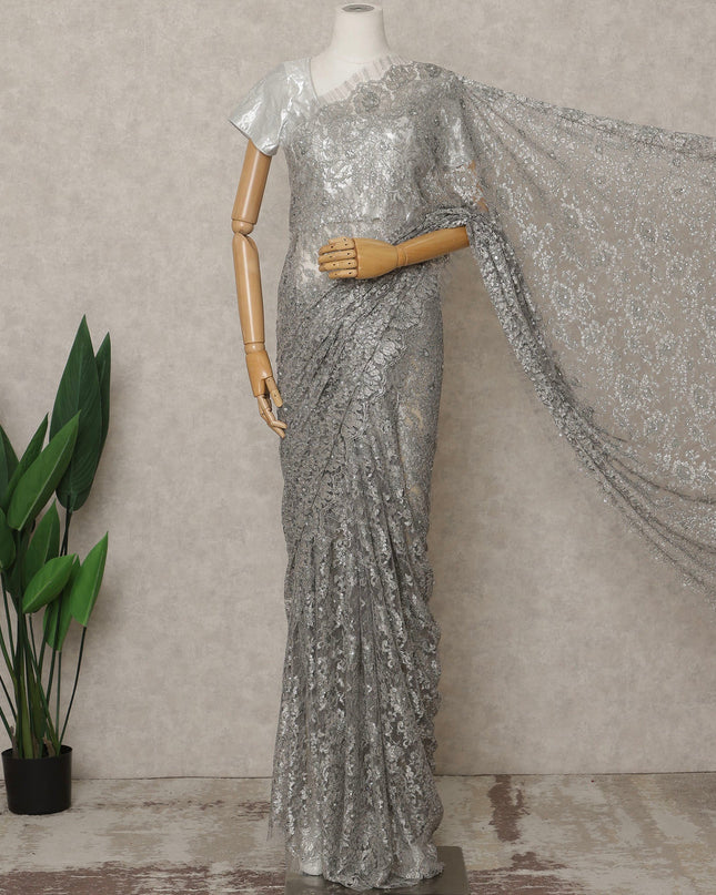 Silver Grey Premium French Metallic Chantilly Lace Saree with Stone Work, Width 110 Cms, 5.5 Mtrs, France-D25600 Regal Fabrics