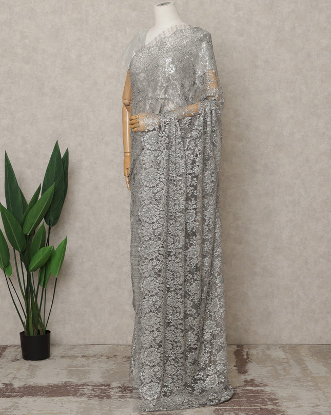 Silver Grey Premium French Metallic Chantilly Lace Saree with Stone Work, Width 110 Cms, 5.5 Mtrs, France-D25600 Regal Fabrics