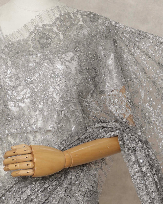 Silver Grey Premium French Metallic Chantilly Lace Saree with Stone Work, Width 110 Cms, 5.5 Mtrs, France-D25600 Regal Fabrics