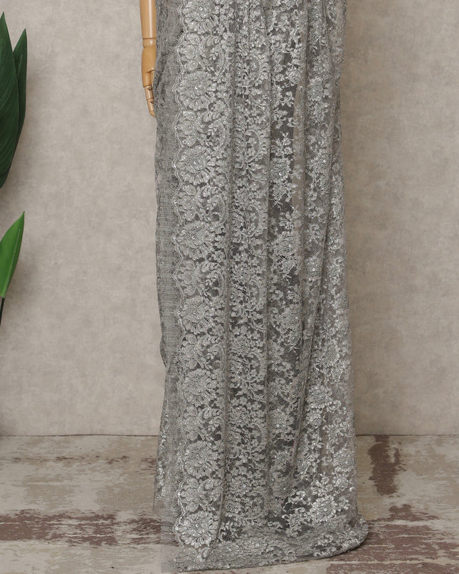Silver Grey Premium French Metallic Chantilly Lace Saree with Stone Work, Width 110 Cms, 5.5 Mtrs, France-D25600 Regal Fabrics