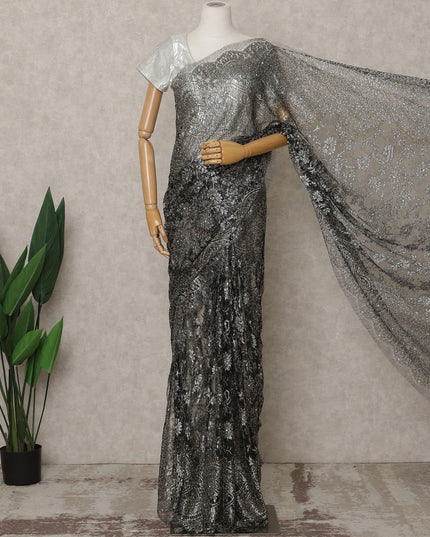 Gunmetal Black Premium French Metallic Chantilly Lace Saree with Stone Work, Width 110 Cms, 5.5 Mtrs, France-D25595