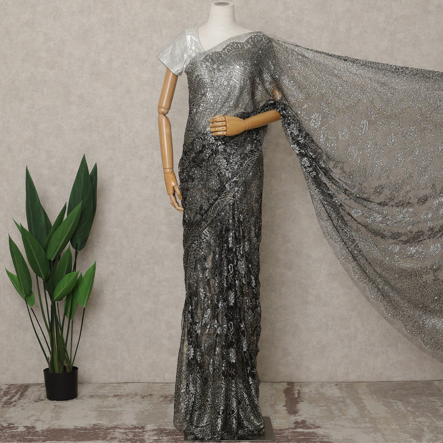 Gunmetal Black Premium French Metallic Chantilly Lace Saree with Stone Work, Width 110 Cms, 5.5 Mtrs, France-D25595