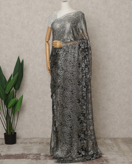 Gunmetal Black Premium French Metallic Chantilly Lace Saree with Stone Work, Width 110 Cms, 5.5 Mtrs, France-D25595