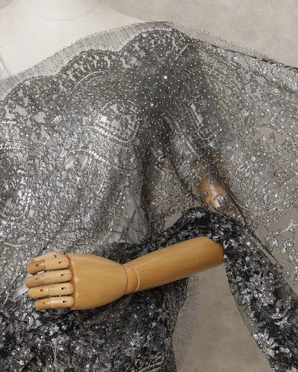Gunmetal Black Premium French Metallic Chantilly Lace Saree with Stone Work, Width 110 Cms, 5.5 Mtrs, France-D25595