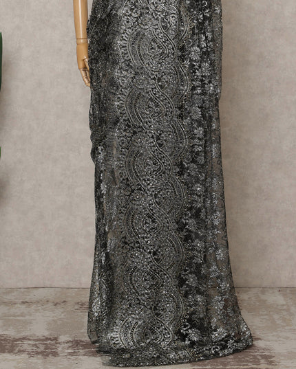 Gunmetal Black Premium French Metallic Chantilly Lace Saree with Stone Work, Width 110 Cms, 5.5 Mtrs, France-D25595
