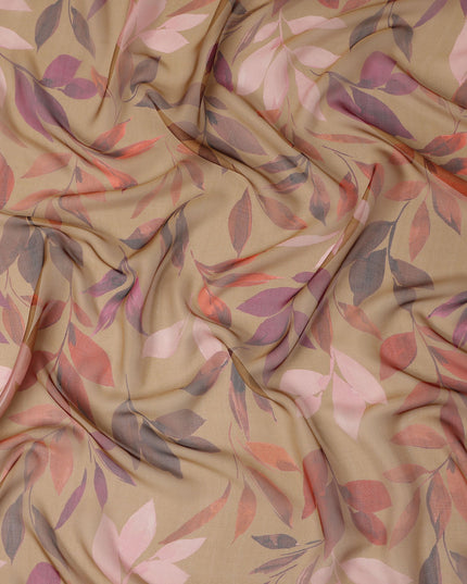 Beige Leaf Print Pure Silk Chiffon 110cm Korea