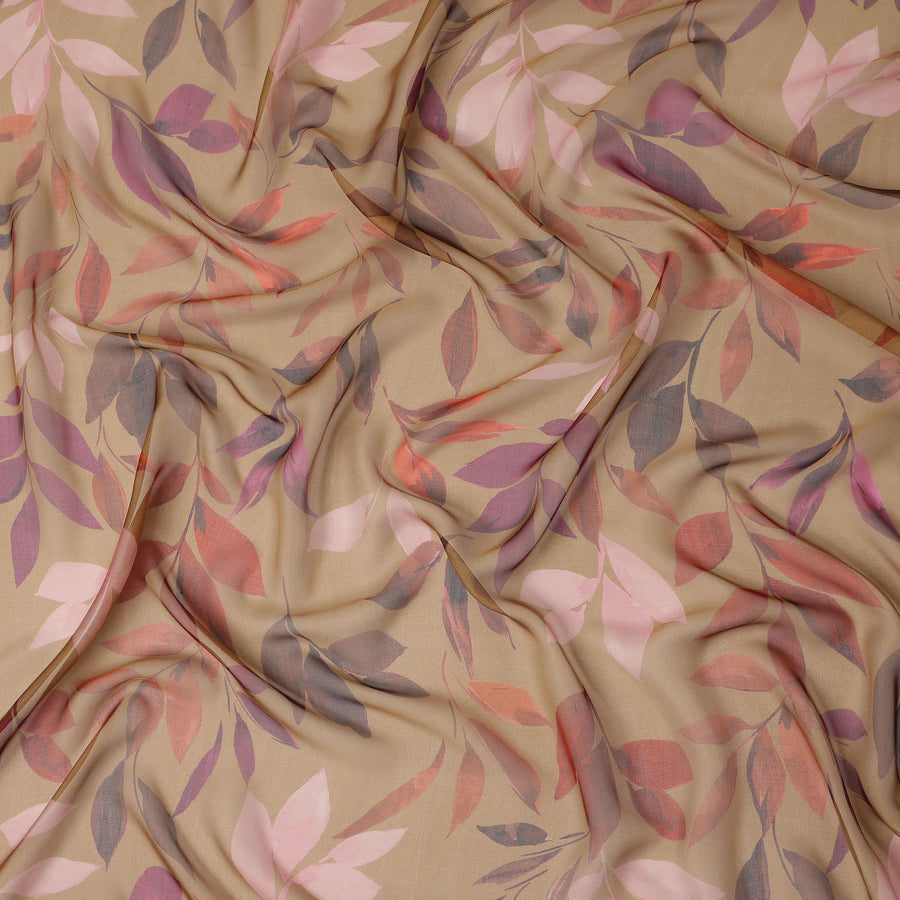 Beige Leaf Print Pure Silk Chiffon 110cm Korea