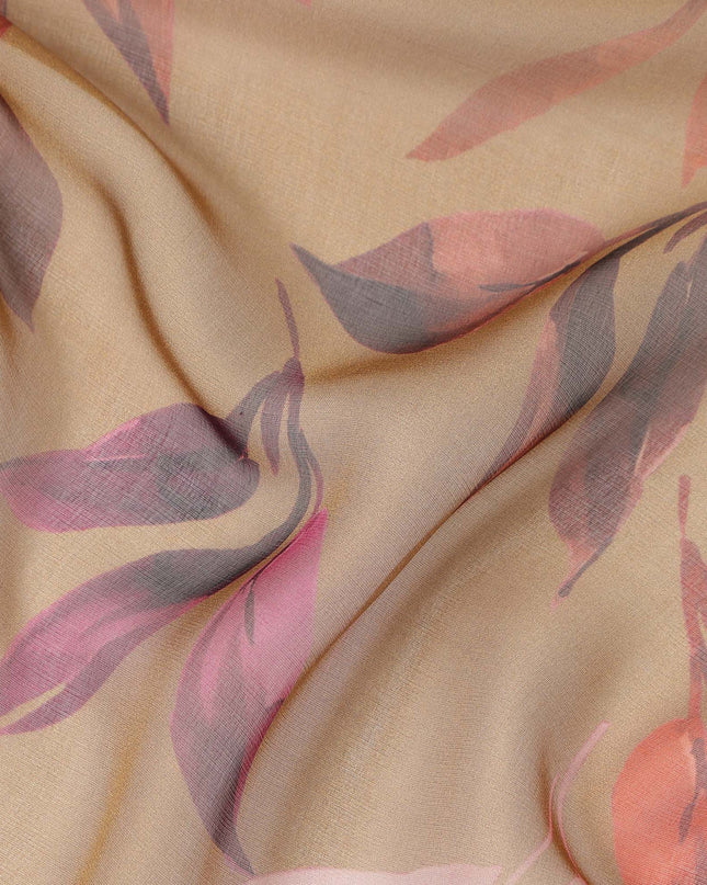 Beige Leaf Print Pure Silk Chiffon 110cm Korea