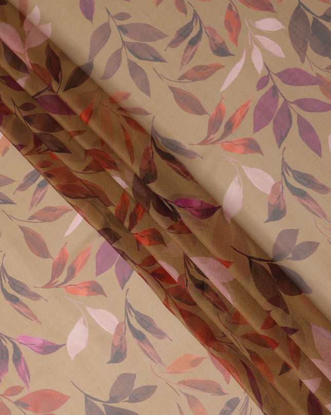 Beige Leaf Print Pure Silk Chiffon 110cm Korea
