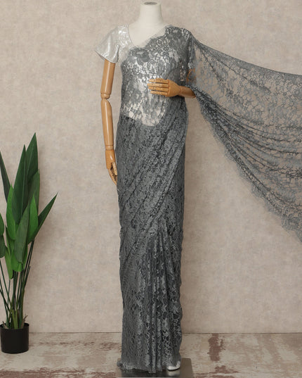 Charcoal Grey Black Premium French 2 Tone Chantilly Saree Lace Fabric 5.5 Meters x 110 Cms Width Elegant Floral Net Material From France Unstitched Blouse Not Included-D28155