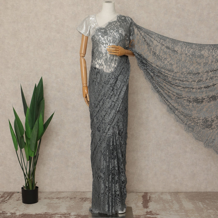 Charcoal Grey Black Premium French 2 Tone Chantilly Saree Lace Fabric 5.5 Meters x 110 Cms Width Elegant Floral Net Material From France Unstitched Blouse Not Included-D28155