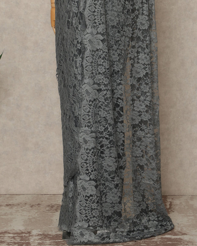 Charcoal Grey Black Premium French 2 Tone Chantilly Saree Lace Fabric 5.5 Meters x 110 Cms Width Elegant Floral Net Material From France Unstitched Blouse Not Included-D28155