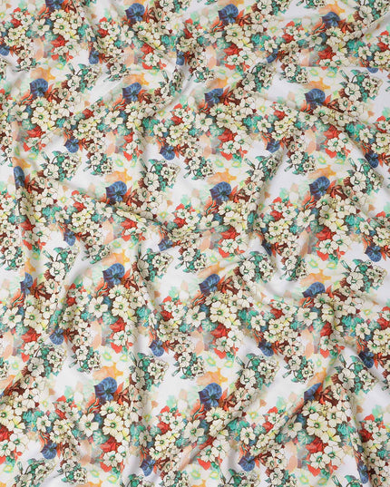 White Floral Viscose Crepe Fabric 140cm