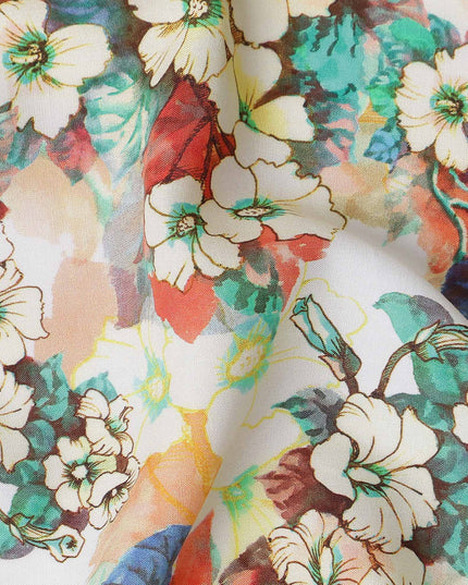 White Floral Viscose Crepe Fabric 140cm