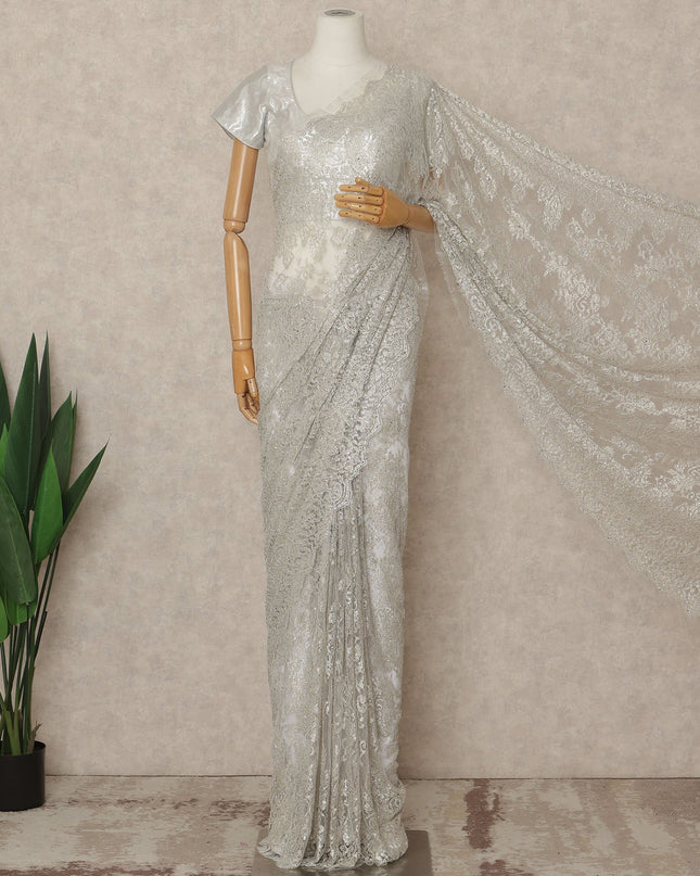 Silver Grey Premium French Metallic Chantilly Saree Lace With Stonework 5.5 Mtrs 110 Cms Width France-D27778