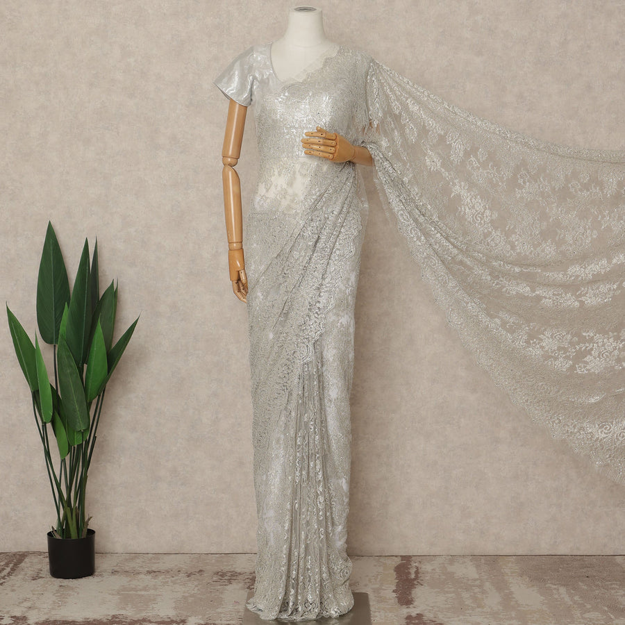 Silver Grey Premium French Metallic Chantilly Saree Lace With Stonework 5.5 Mtrs 110 Cms Width France-D27778