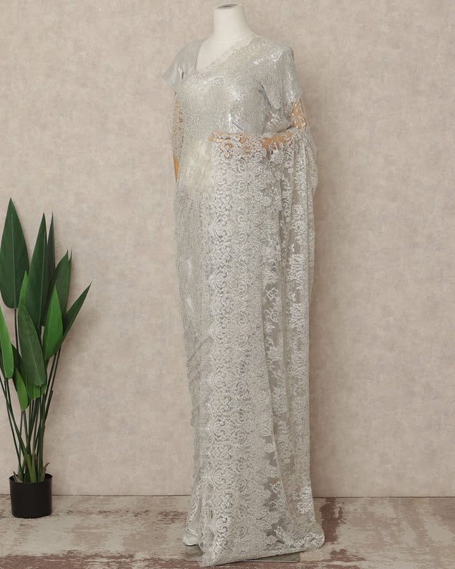 Silver Grey Premium French Metallic Chantilly Saree Lace With Stonework 5.5 Mtrs 110 Cms Width France-D27778