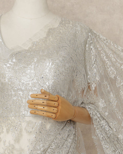 Silver Grey Premium French Metallic Chantilly Saree Lace With Stonework 5.5 Mtrs 110 Cms Width France-D27778