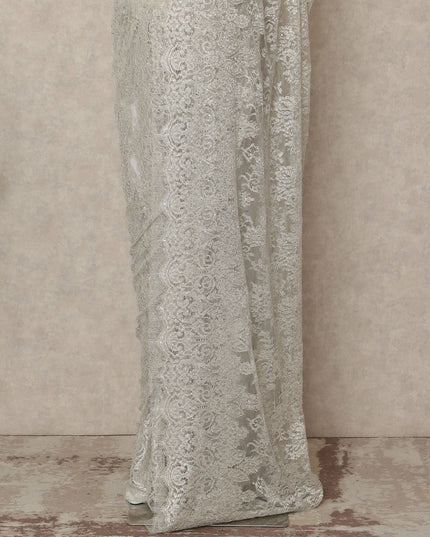 Silver Grey Premium French Metallic Chantilly Saree Lace With Stonework 5.5 Mtrs 110 Cms Width France-D27778