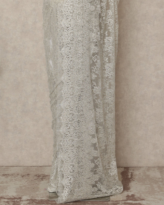 Silver Grey Premium French Metallic Chantilly Saree Lace With Stonework 5.5 Mtrs 110 Cms Width France-D27778