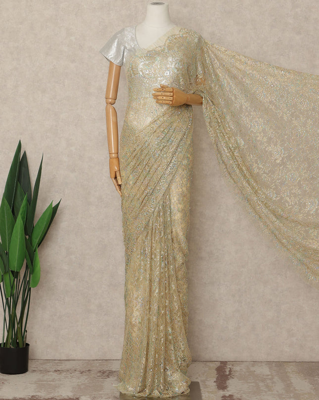 Champagne Gold Premium French 2 Tone Chantilly Saree Lace With Stone Work Fabric 5.5 Meters Length 110 Cms Width Imported From France Elegant Designer Lace Blouse Not Included-D27371
