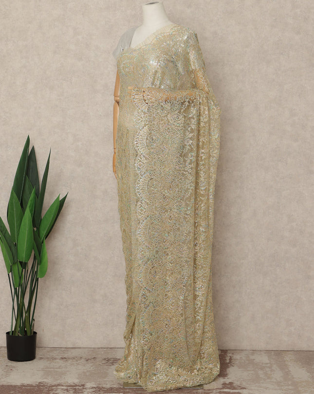Champagne Gold Premium French 2 Tone Chantilly Saree Lace With Stone Work Fabric 5.5 Meters Length 110 Cms Width Imported From France Elegant Designer Lace Blouse Not Included-D27371