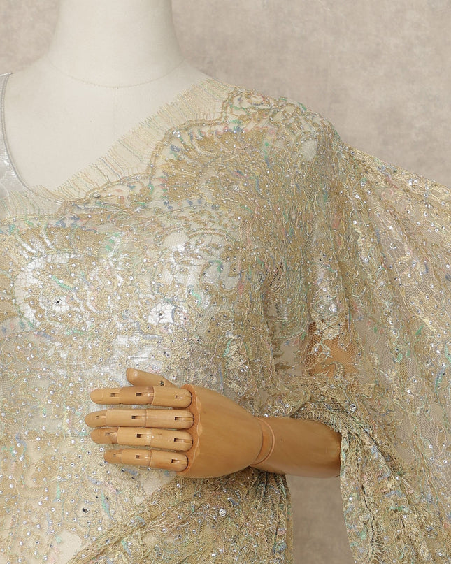 Champagne Gold Premium French 2 Tone Chantilly Saree Lace With Stone Work Fabric 5.5 Meters Length 110 Cms Width Imported From France Elegant Designer Lace Blouse Not Included-D27371