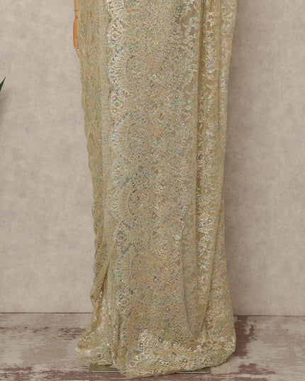 Champagne Gold Premium French 2 Tone Chantilly Saree Lace With Stone Work Fabric 5.5 Meters Length 110 Cms Width Imported From France Elegant Designer Lace Blouse Not Included-D27371