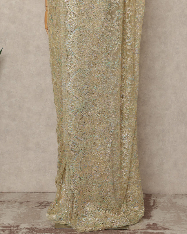 Champagne Gold Premium French 2 Tone Chantilly Saree Lace With Stone Work Fabric 5.5 Meters Length 110 Cms Width Imported From France Elegant Designer Lace Blouse Not Included-D27371