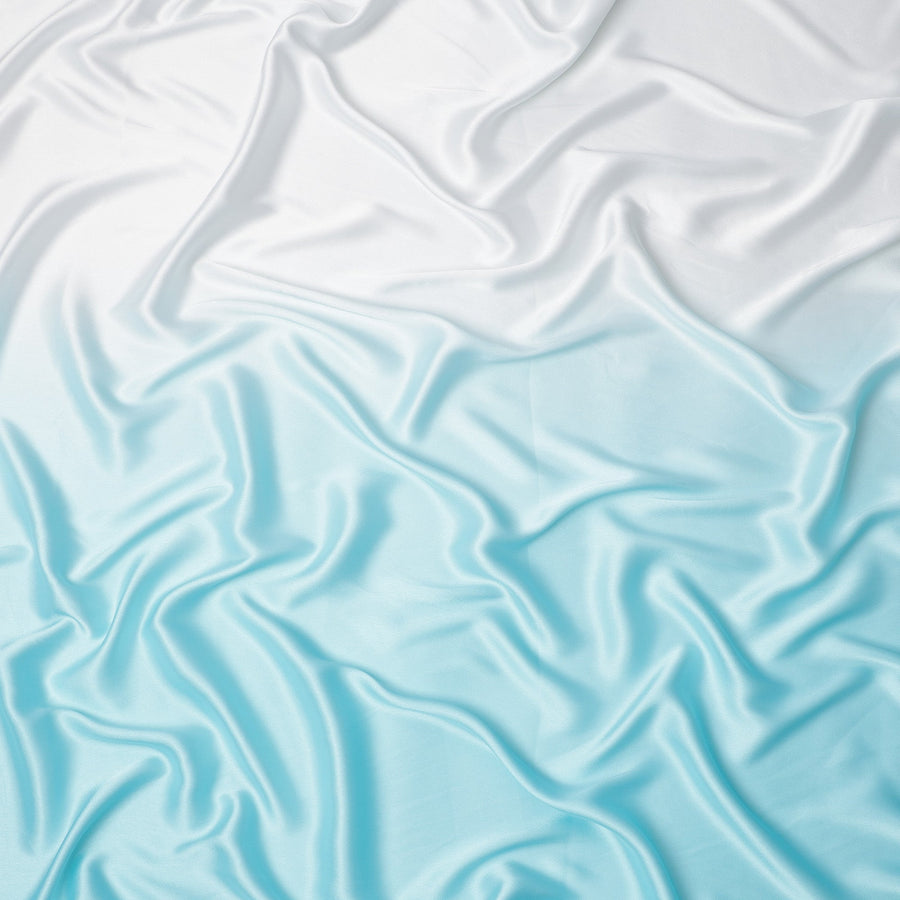 White to Aqua Blue Ombre Synthetic Satin Fabric, 110 Cms Width, India-D24665